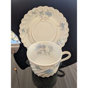 Haviland Limoges Bergere France Tea Cup & Saucer 1990 Blue Floral China Gold